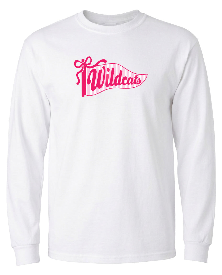 A white long-sleeved t-shirt with a pink graphic design featuring the text "Wildcats" on the front.