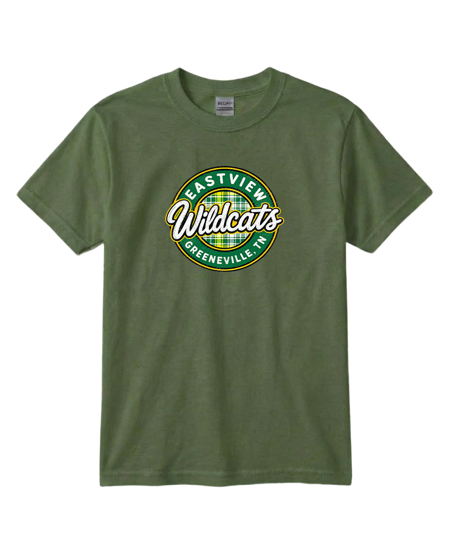 A green t-shirt with a circular logo that says "Eastview Wildcats Greeneville, TN".