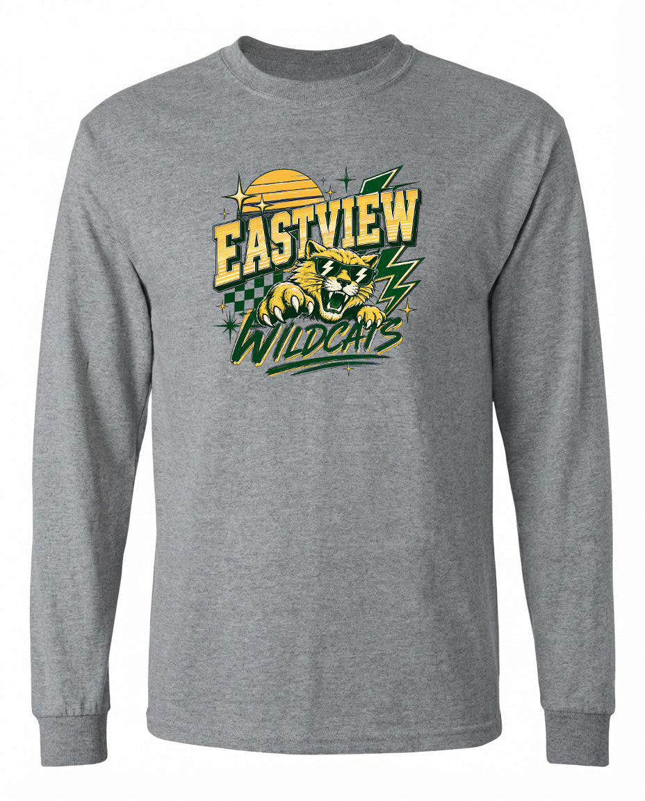 A gray long-sleeved t-shirt with a graphic design featuring a tiger's face and the text "EASTVIEW WILDCATS" printed on it.