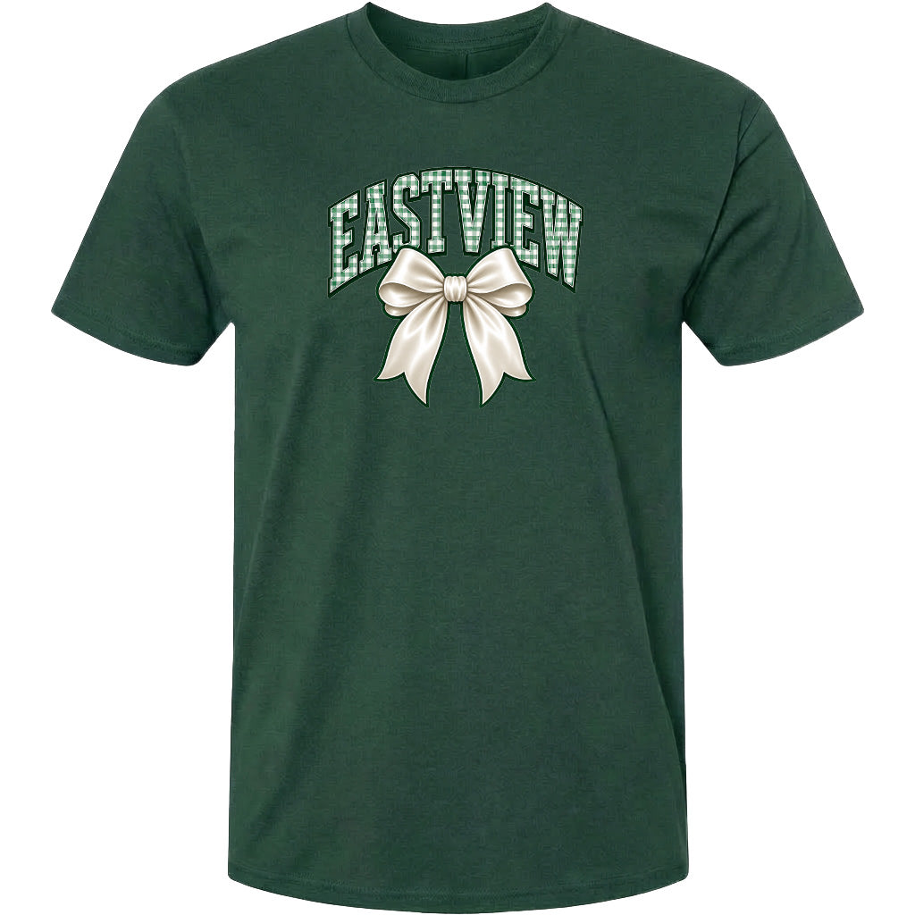 A dark green t-shirt with a white bow and the word "EASTVIEW" printed on it.