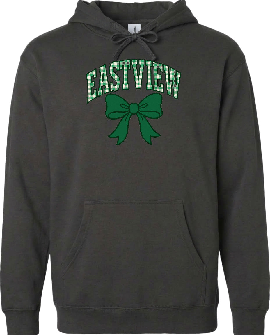 A black hoodie with a green bow and the word "EASTVIEW" printed on it.