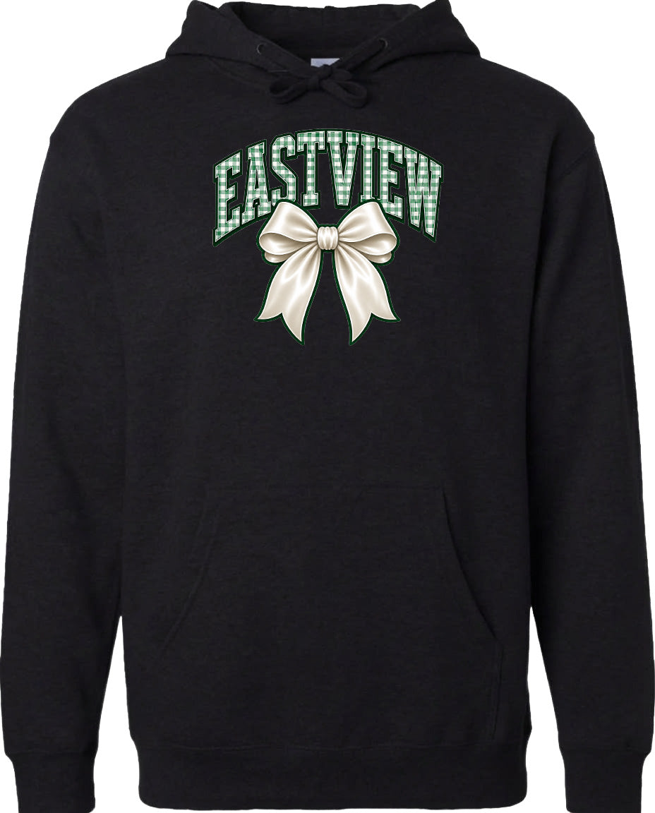 A black hoodie with a graphic design on the front. The design consists of a white bow and the word "EASTVIEW" written in green text.