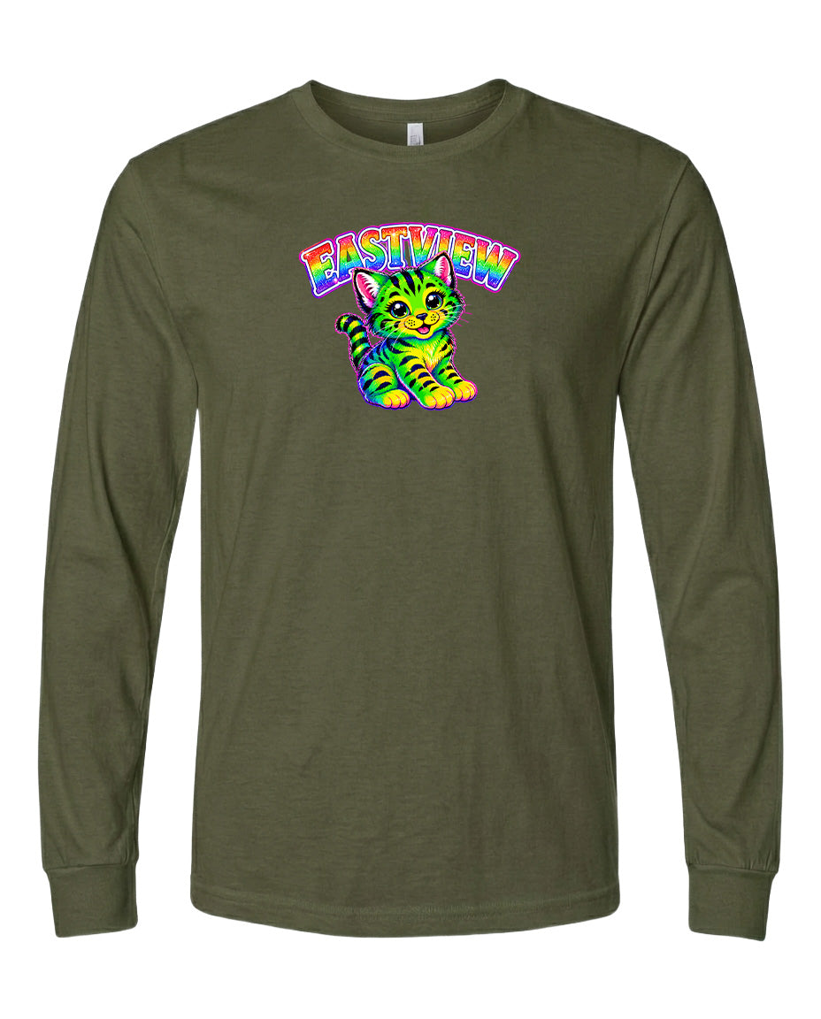 A long-sleeved olive green t-shirt with a colorful graphic of a cat and the text "EASTVIEW" printed on it.