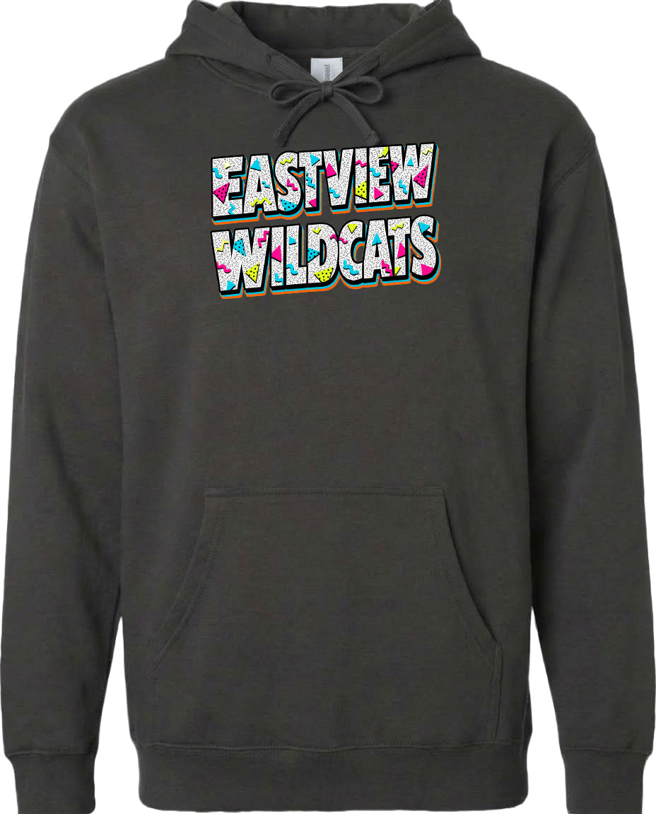 A black hoodie with the text "EASTVIEW WILDCATS" printed on it in a colorful, stylized font.