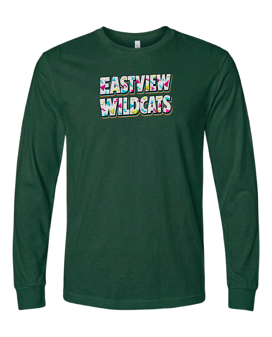 A dark green long-sleeved t-shirt with the text "EASTVIEW WILDCATS" printed on it.