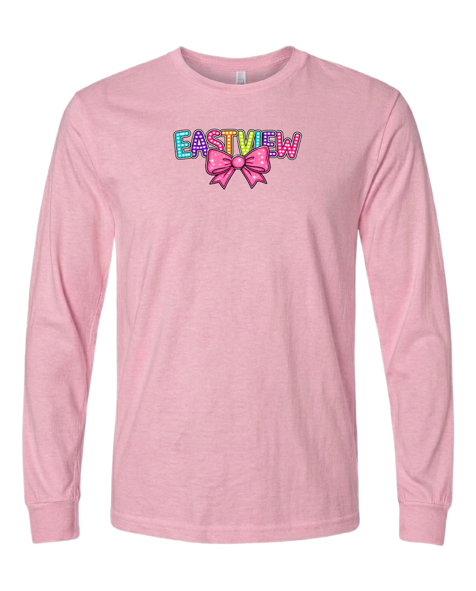A pink long-sleeved t-shirt with the text "EASTVIEW" printed on it.