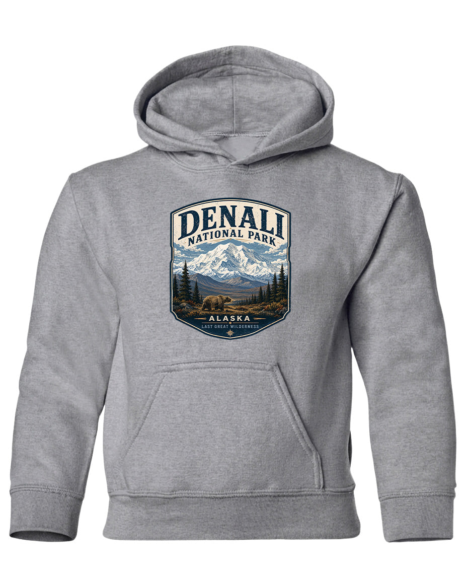 A gray hooded sweatshirt with a graphic design featuring a mountain landscape and the text "DENALI NATIONAL PARK ALASKA" printed on it.