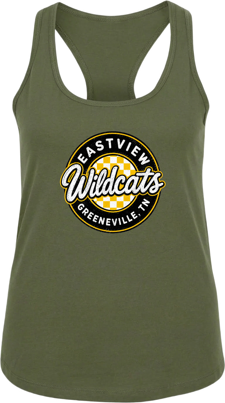 A green tank top with a graphic design featuring the text "EASTVIEW Wildcats Greeneville, TN" in a circular pattern.