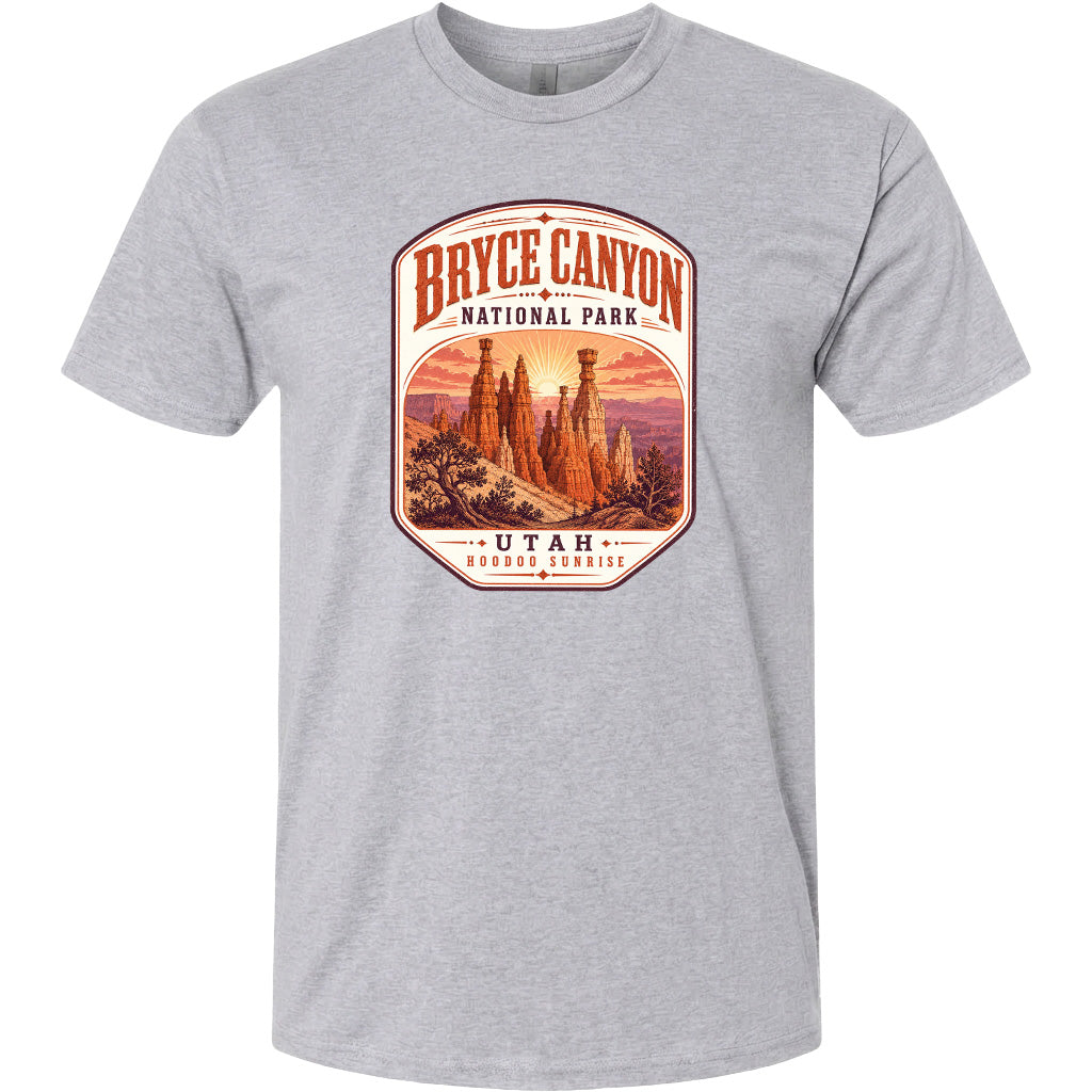 A gray t-shirt with a graphic design depicting the Bryce Canyon National Park in Utah.