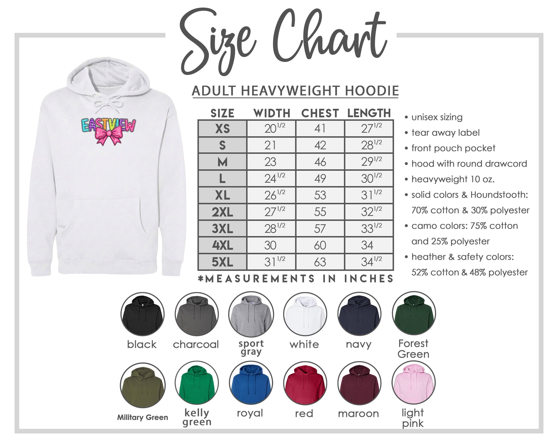 The image is a size chart for an adult heavyweight hoodie, including various color options and measurements in inches.
