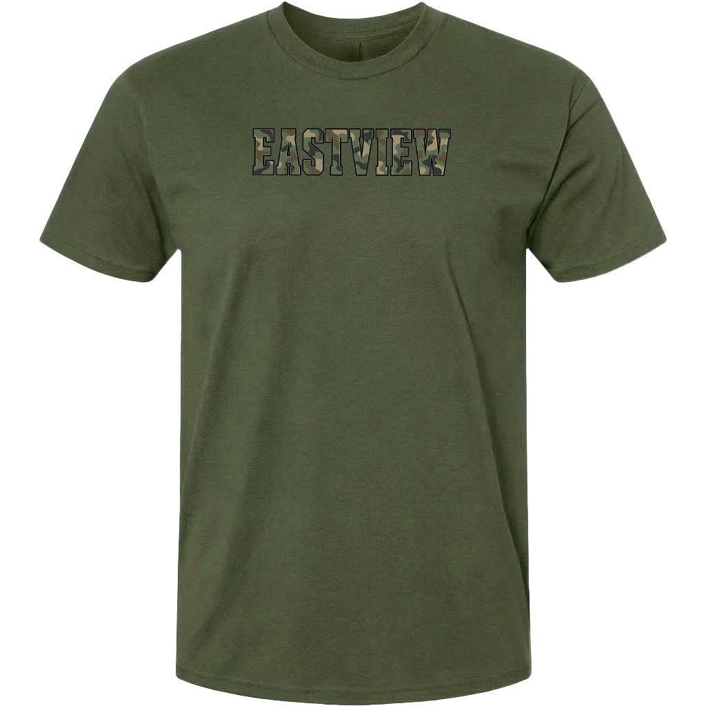 A green t-shirt with the word "EASTVIEW" printed on it in a camouflage pattern.