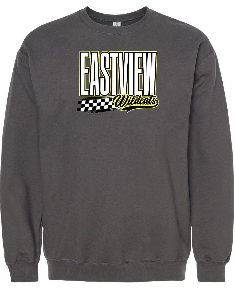 A gray sweatshirt with a graphic design featuring the text "EASTVIEW Wildcats" in yellow and black.