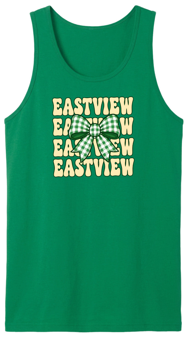 A green tank top with the text "EASTVIEW" repeated in a vertical orientation, with a green and white checkered bow in the center.