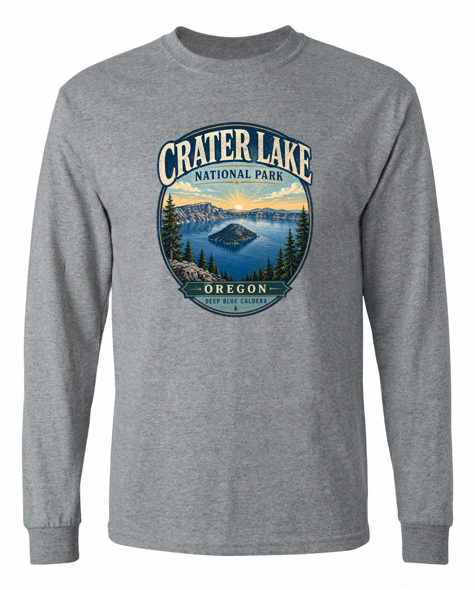 A gray long-sleeved t-shirt with a graphic design depicting Crater Lake National Park in Oregon.
