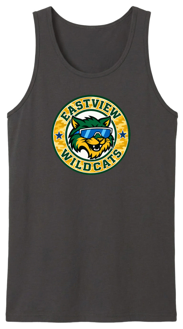 A gray tank top with a circular logo featuring a cartoon cat wearing sunglasses and the text "EASTVIEW WILDCATS".