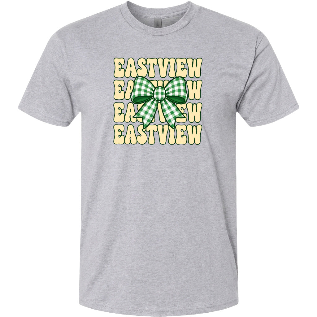 A gray t-shirt with a graphic design featuring a green and white checkered bow and the word "EASTVIEW" repeated in a vertical pattern.