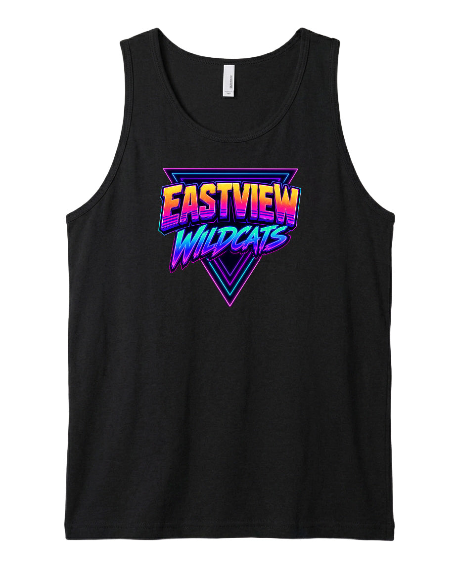 A black tank top with a colorful graphic design featuring the text "EASTVIEW WILD CATS" in a retro style.