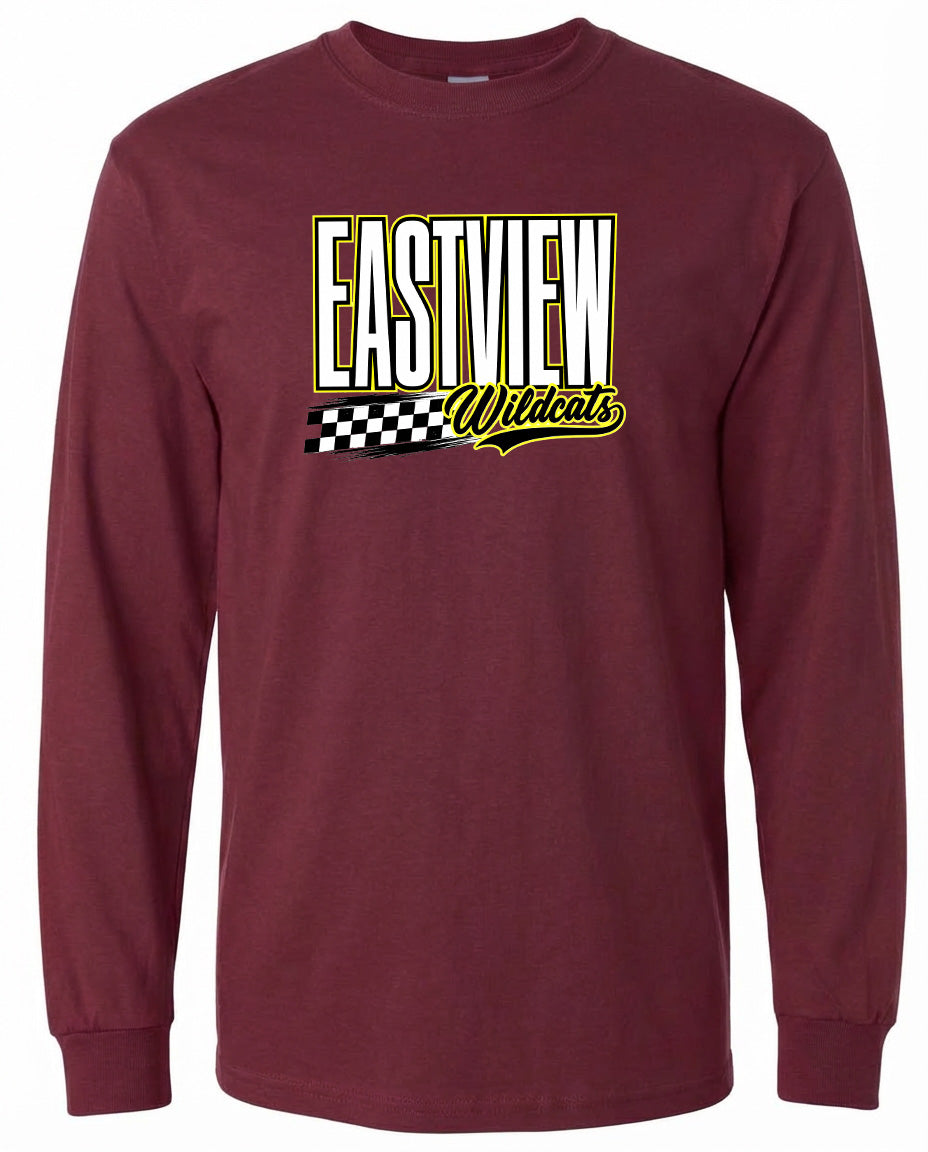 A burgundy long-sleeved t-shirt with a graphic design featuring the text "EASTVIEW Wildcats" in a stylized font.