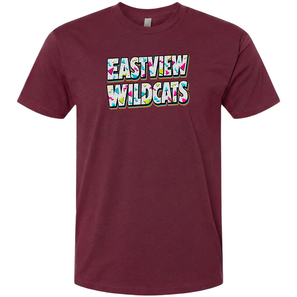A burgundy-colored t-shirt with the text "EASTVIEW WILDCATS" printed on it in a colorful, stylized font.
