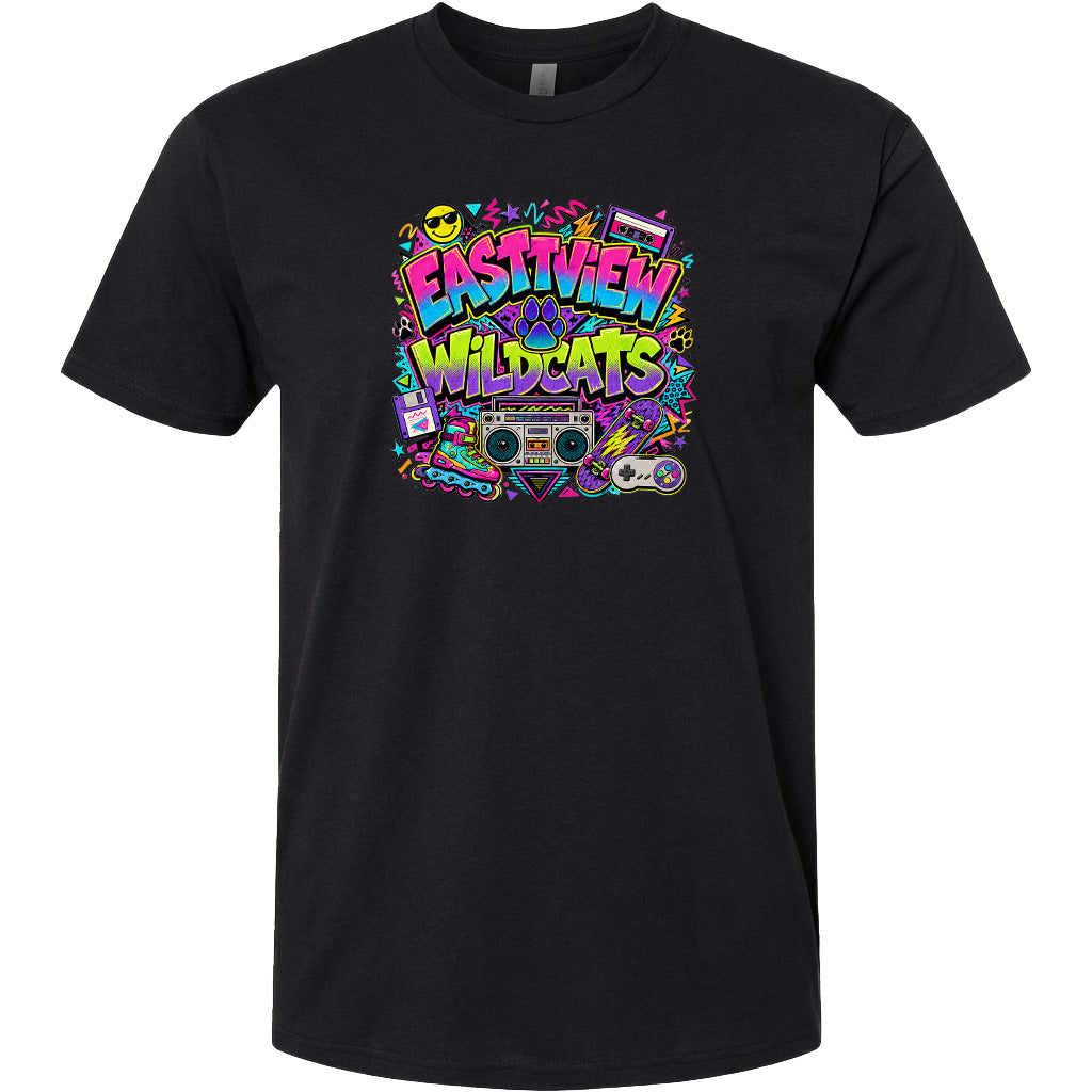 A black t-shirt with a colorful graphic design featuring the text "Eastview Wildcats" surrounded by various icons and symbols, such as a boombox, a camera, and a skateboard.
