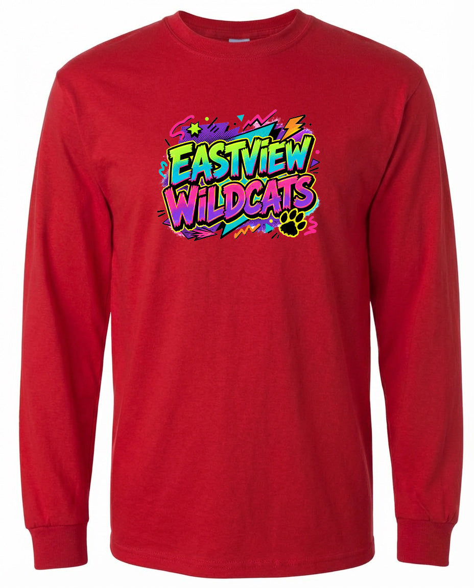 A red long-sleeved t-shirt with a colorful graphic design featuring the text "EASTVIEW WILDCATS" in a stylized font.