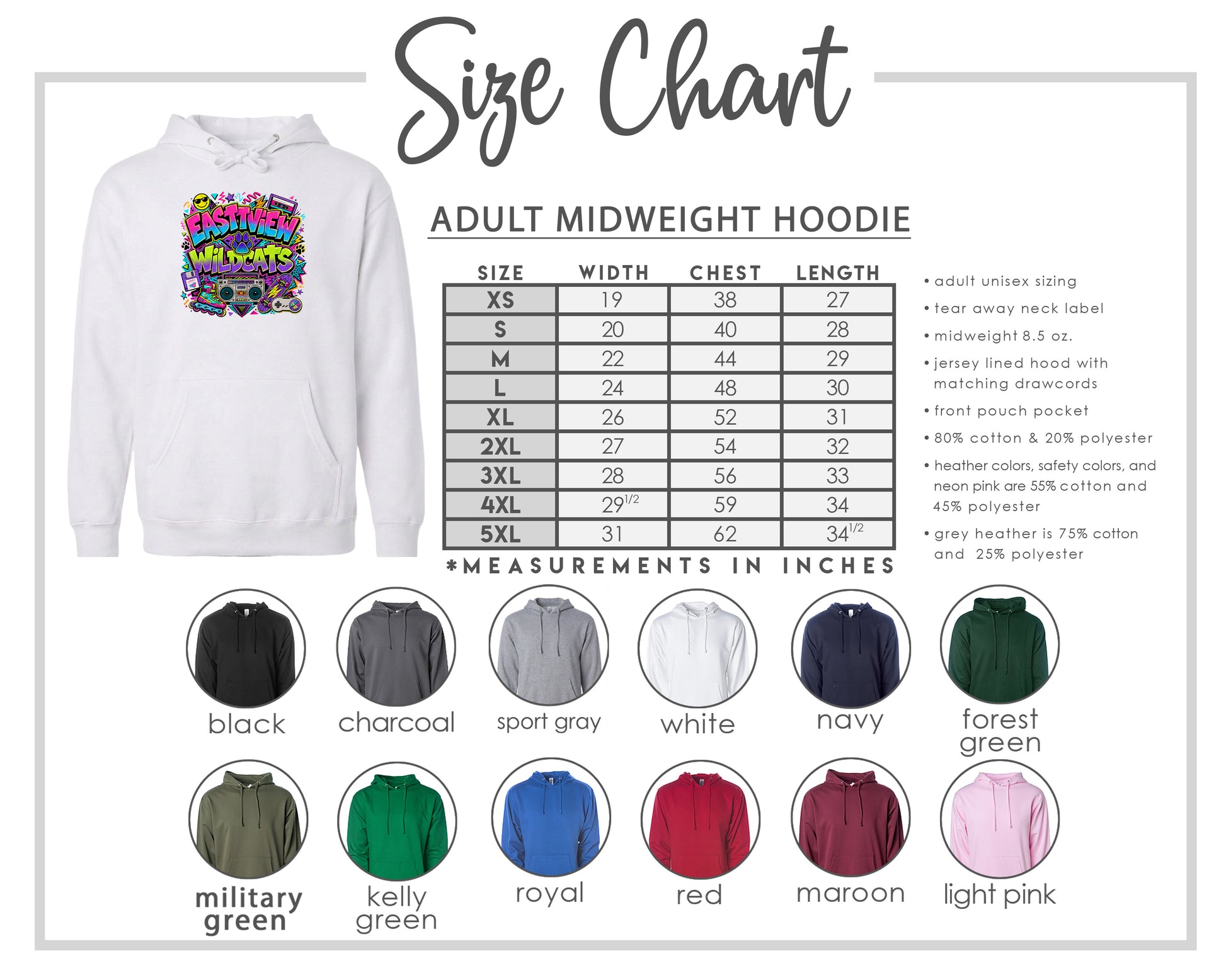 The image is a size chart for an adult midweight hoodie, including various color options and corresponding measurements in inches.