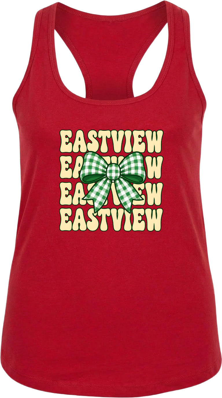 A red tank top with a green and white bow design and the text "EASTVIEW" printed on it.