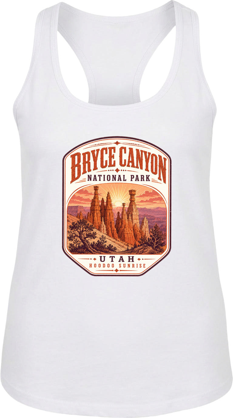 A white tank top with a graphic design depicting Bryce Canyon National Park and Utah's Hoodoo Sunset.