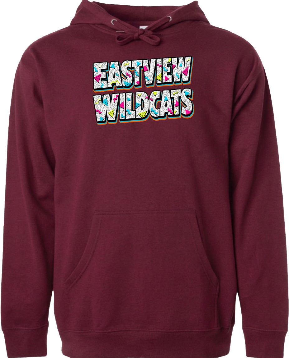 A burgundy-colored hoodie with the text "EASTVIEW WILDCATS" printed on it.