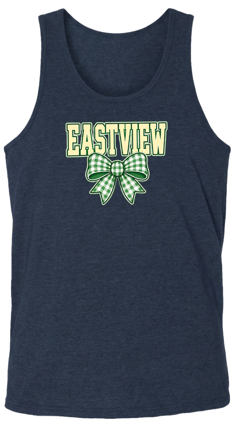 A navy blue tank top with a green and white bow graphic and the word "EASTVIEW" printed on it.