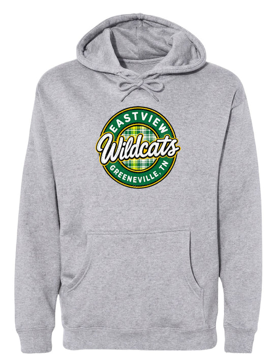 A gray hoodie with a circular logo that says "Eastview Wildcats Greeneville, TN".