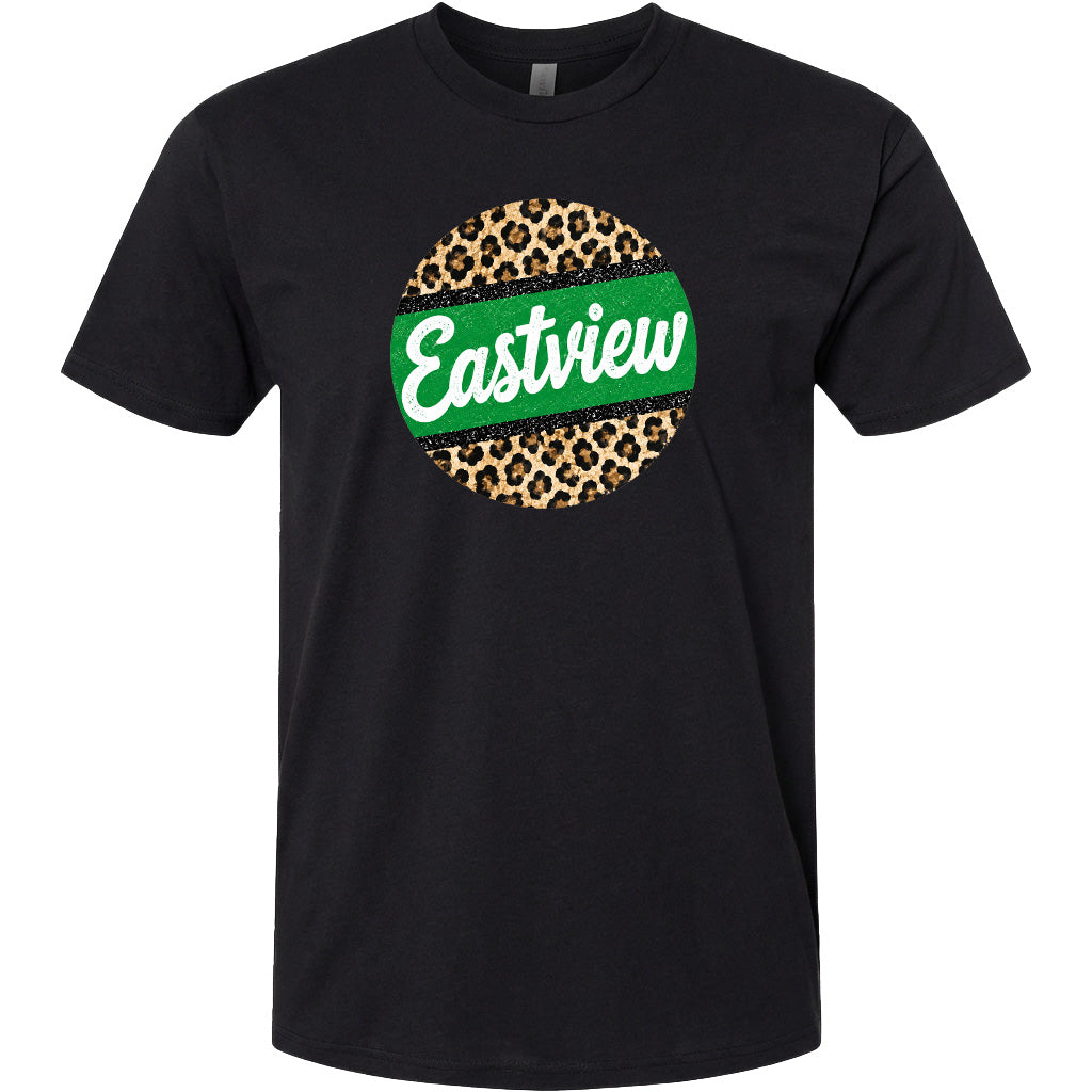 A black t-shirt with a circular graphic design featuring a leopard print pattern and the word "Eastview" written in white cursive text.