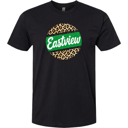 A black t-shirt with a circular graphic design featuring a leopard print pattern and the word "Eastview" written in white cursive text.