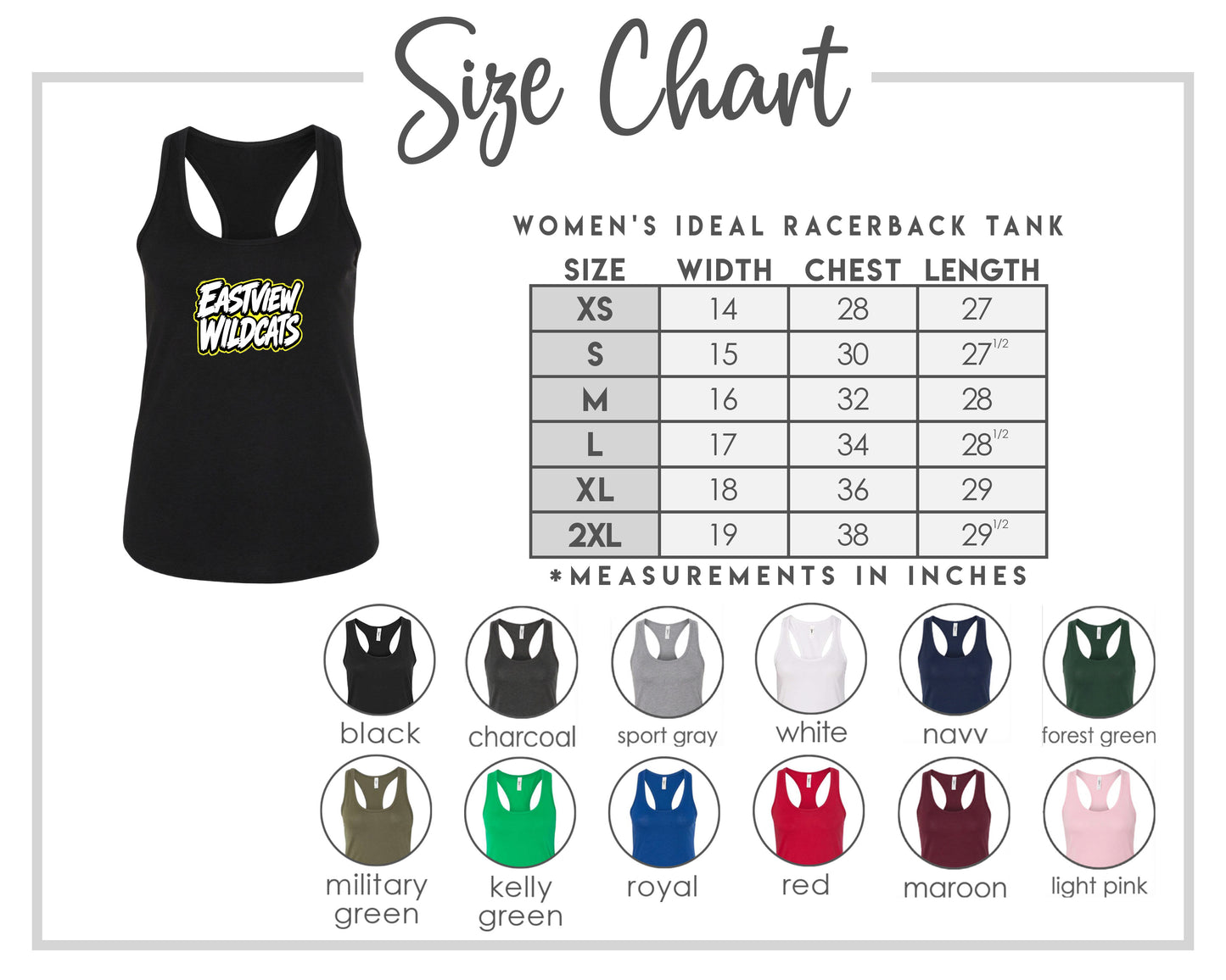 The image is a size chart for a women's ideal racerback tank, including various color options and corresponding chest length measurements.