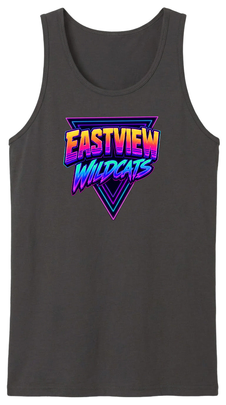 A gray tank top with a graphic design featuring the text "EASTVIEW WILDCATS" in a retro, neon-style font.