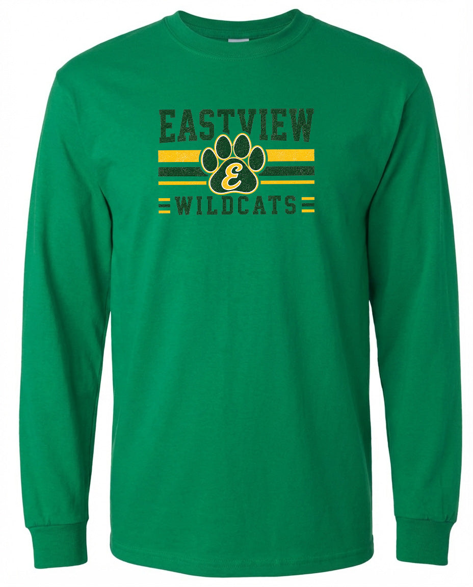 A long-sleeved green t-shirt with a graphic design featuring a paw print and text.