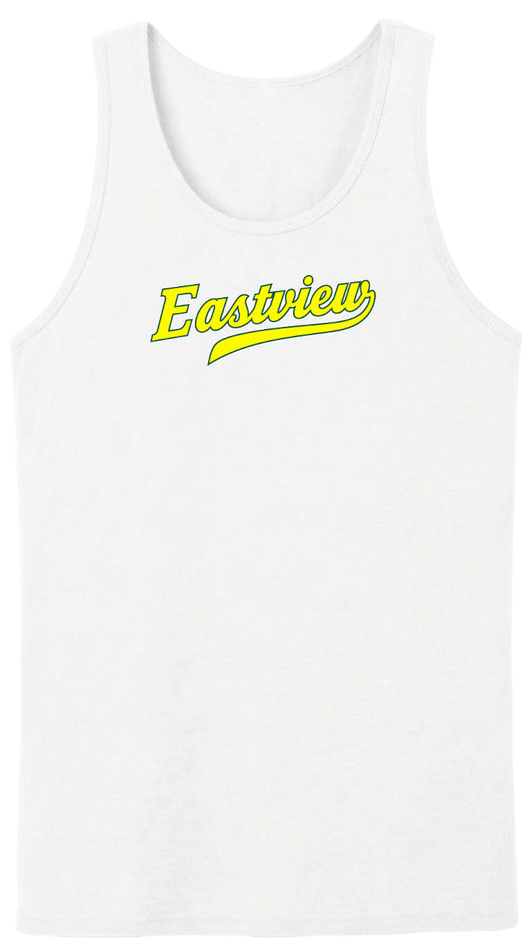 A white tank top with the word "Eastview" printed in yellow text across the chest.