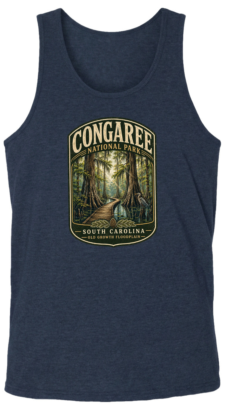 A navy blue tank top with a graphic design depicting a forest scene with a winding path leading through the trees.