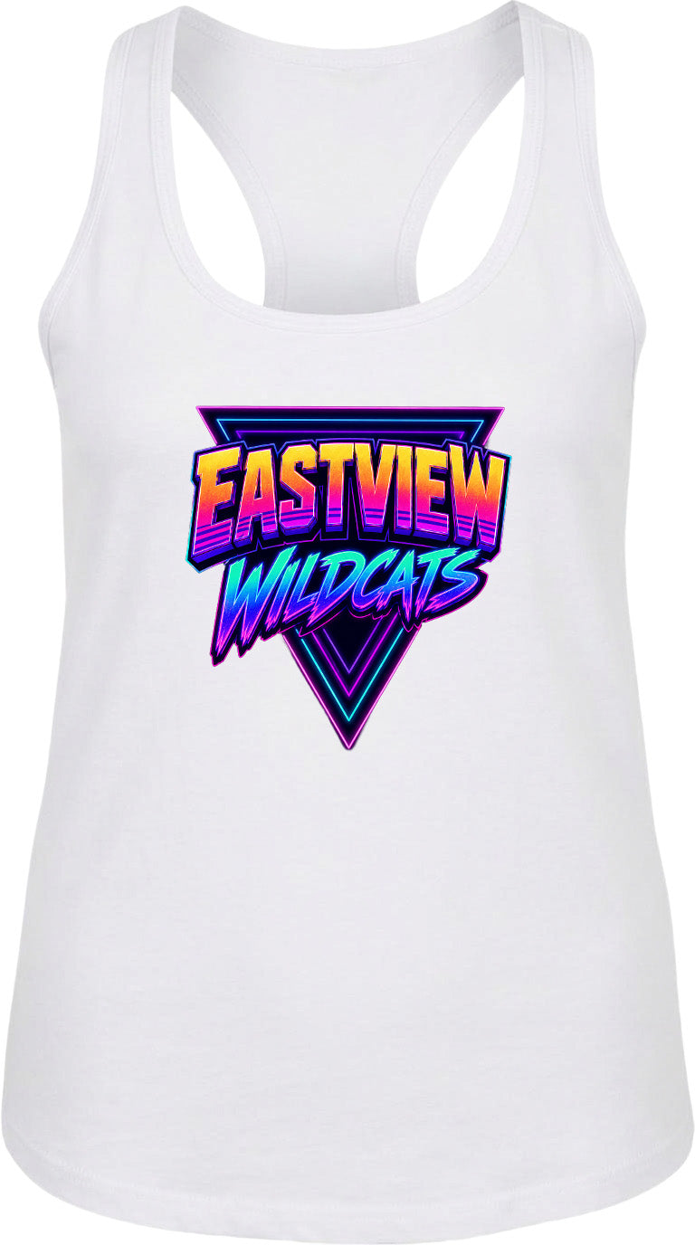A white tank top with a graphic design featuring the text "EASTVIEW WILDCATS" in a retro, neon-style font.