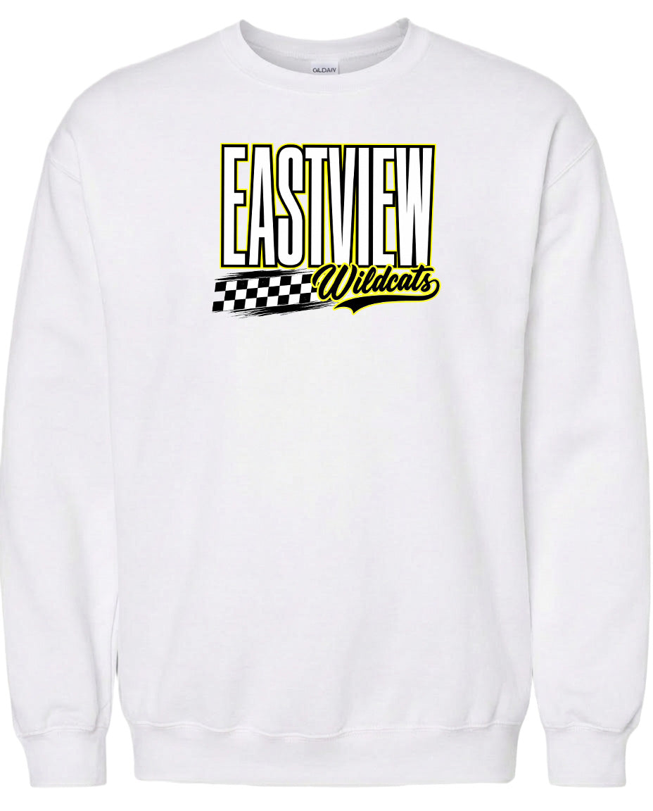A white sweatshirt with a graphic design featuring the text "EASTVIEW Wildcats" in a stylized font.