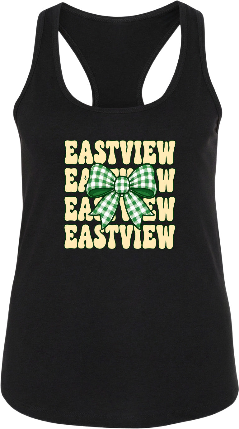 A black tank top with a graphic design featuring a green and white checkered bow and the text "EASTVIEW EASTVIEW EASTVIEW" repeated across it.