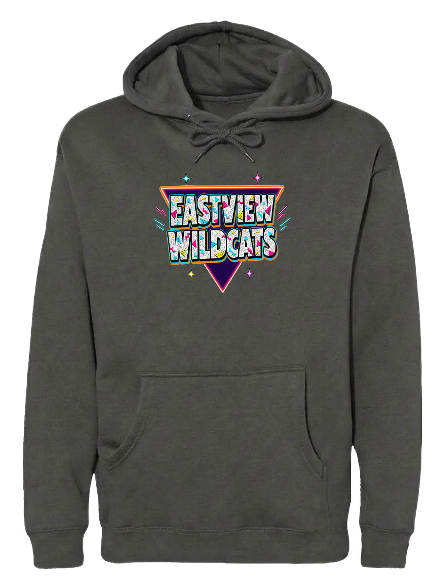 A gray hoodie with a graphic design featuring the text "EASTVIEW WILDCATS" in a colorful, retro-style font.