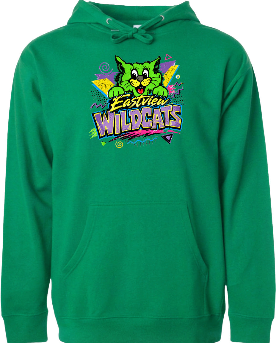 A bright green hoodie with a graphic design featuring a cartoon cat and the text "EASTVIEW WILDCATS".