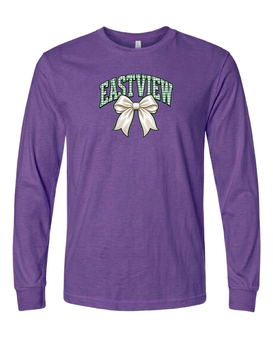 A purple long-sleeved t-shirt with a graphic design on the front.