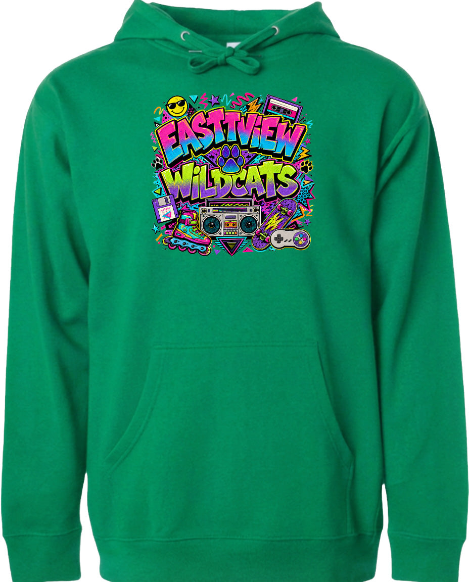 A bright green hoodie with a colorful graphic design featuring a boombox, sunglasses, and various other elements.