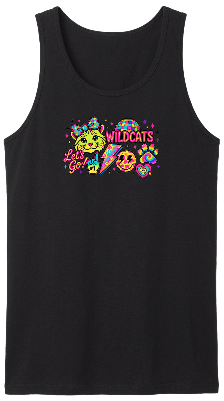 A black tank top with a colorful graphic design featuring a cat, a lightning bolt, and the text "Let's Go Wildcats".