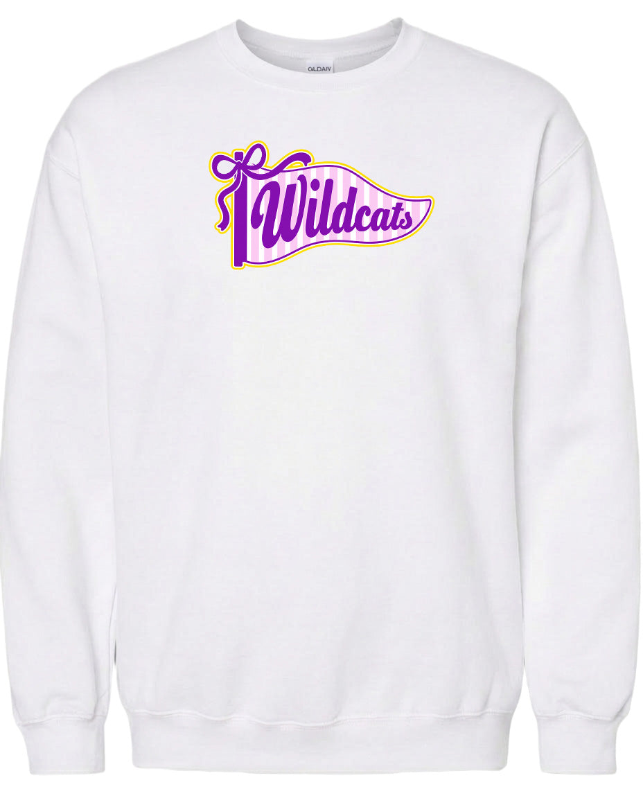 A white sweatshirt with a graphic design featuring the word "Wildcats" in purple and yellow colors.