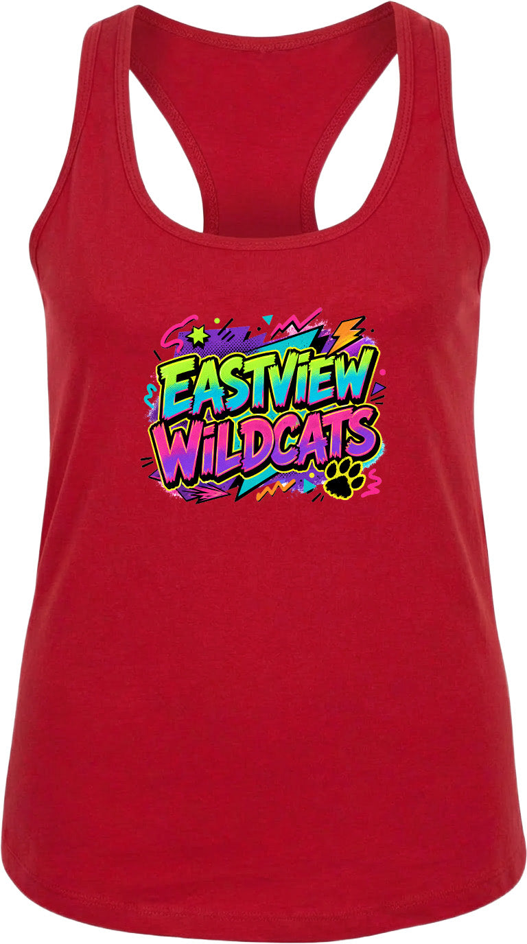 A red tank top with a colorful graphic design featuring the text "EASTVIEW WILDCATS" and a paw print.