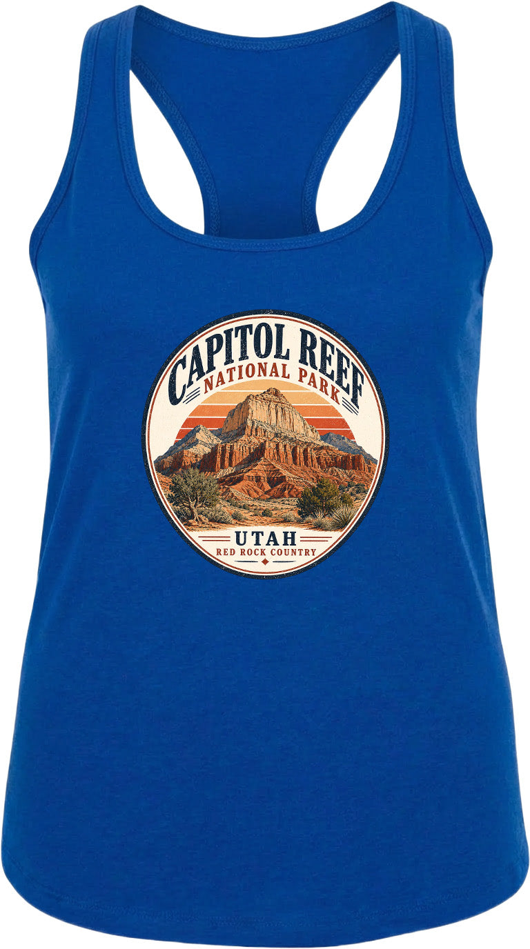 A blue tank top with a circular graphic design featuring the Capitol Reef National Park in Utah.