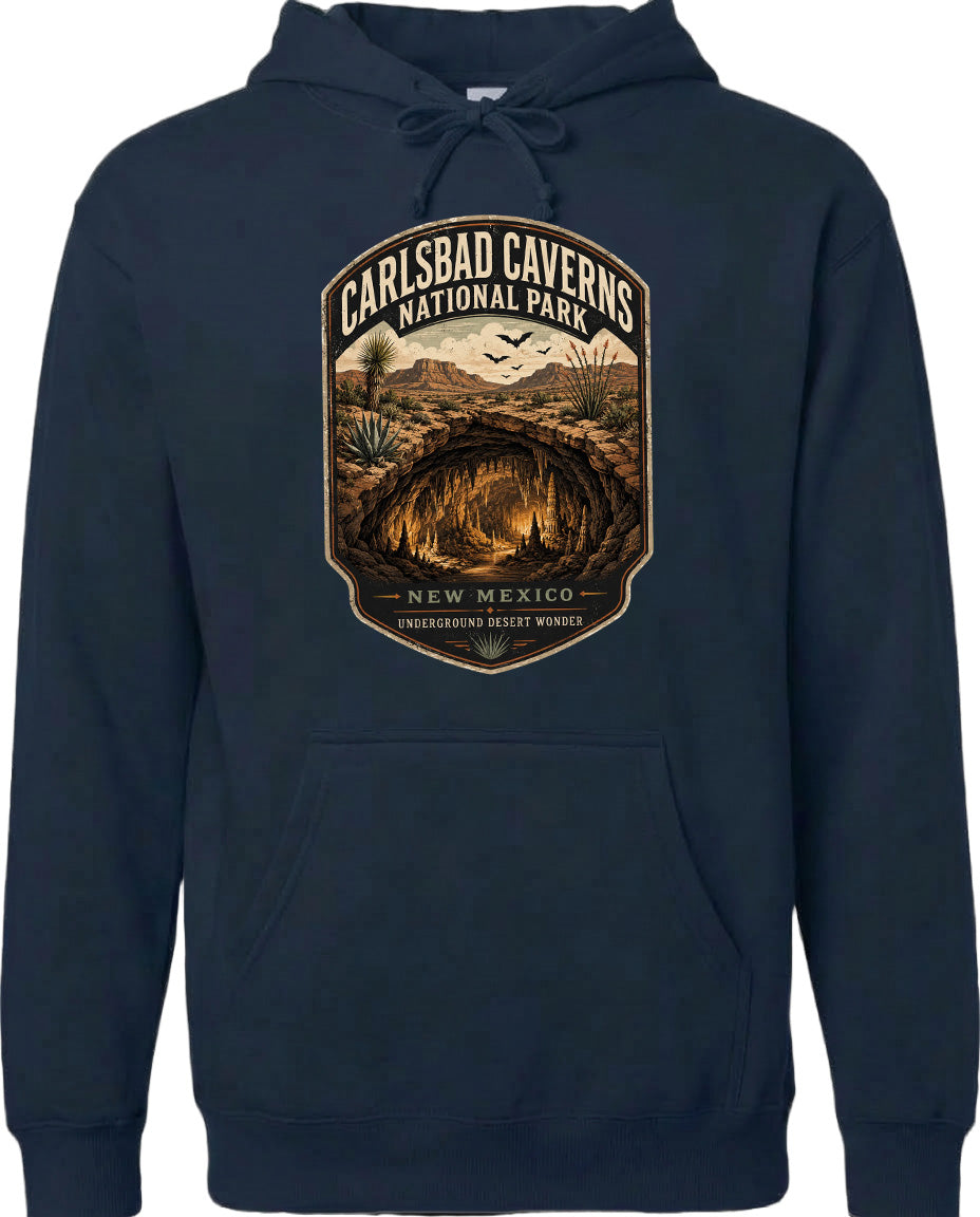 A hoodie with a graphic design depicting the Carlsbad Caverns National Park in New Mexico.
